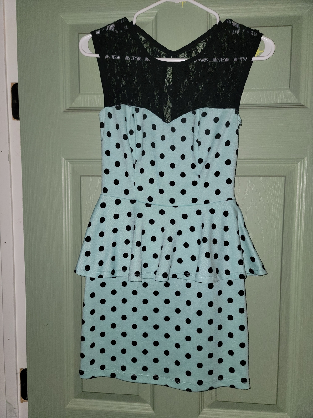 Speechless Mint and Black Polka Dot Peplum Dress with Lace Yoke